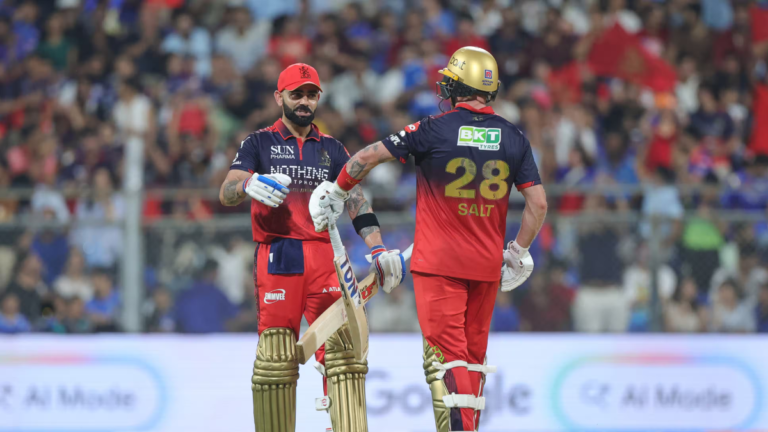 Royal Challengers Bengaluru openers Virat Kohli and Phil Salt acknowledging each other during their 120-run opening partne...