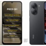 Gold POCO C81 and gray C81x with text lists of specs like battery size and camera resolution for their Indian market debut.