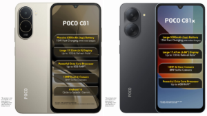 Gold POCO C81 and gray C81x with text lists of specs like battery size and camera resolution for their Indian market debut.