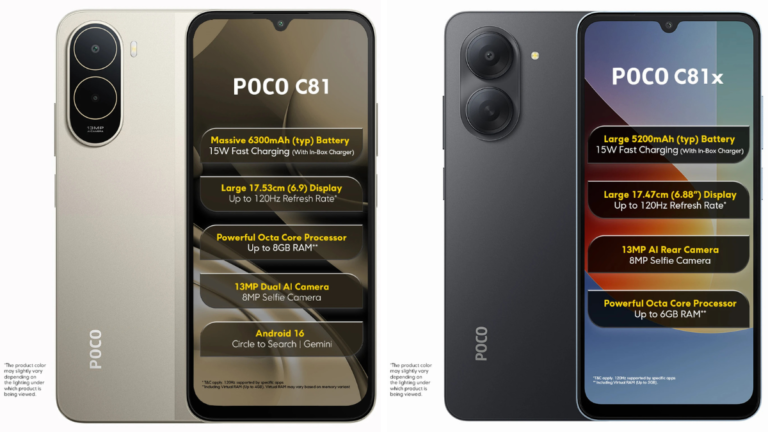 Gold POCO C81 and gray C81x with text lists of specs like battery size and camera resolution for their Indian market debut.
