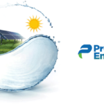 Premier Energies logo next to a water droplet containing solar panels in a green field for India rooftop energy.