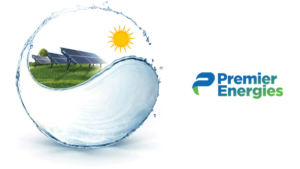 Premier Energies logo next to a water droplet containing solar panels in a green field for India rooftop energy.