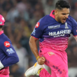 Rajasthan Royals bowler Tushar Deshpande celebrating a wicket with intense emotion alongside wicketkeeper Dhruv Jurel during an IPL match.