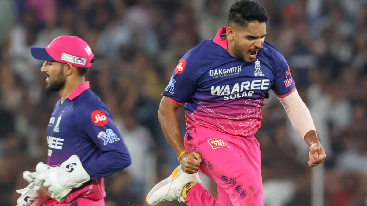 Rajasthan Royals bowler Tushar Deshpande celebrating a wicket with intense emotion alongside wicketkeeper Dhruv Jurel during an IPL match.