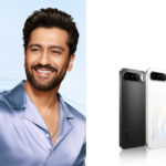 Indian actor Vicky Kaushal taking a selfie with the realme 16 5G in Air White, alongside product renders of the Air Black and White variants.