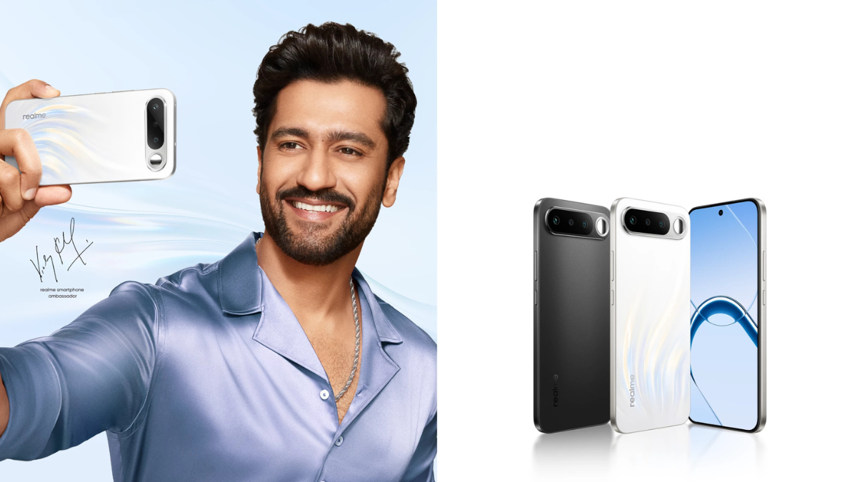 Indian actor Vicky Kaushal taking a selfie with the realme 16 5G in Air White, alongside product renders of the Air Black and White variants.