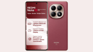 Front and back view of the Redmi Note 15 5G Special Edition in Crimson Reserve showing the 7.35mm slim design and 5800mAh ...