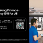 Samsung Finance+ graphic showing EMI at ₹33 and a couple shopping for appliances in an Indian retail store.