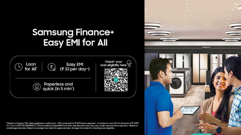 Samsung Finance+ graphic showing EMI at ₹33 and a couple shopping for appliances in an Indian retail store.