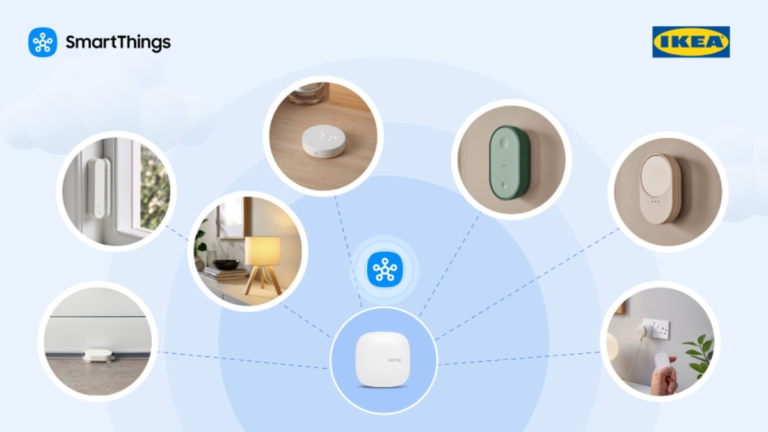 White central hub linked to IKEA smart bulbs and sensors showing Samsung SmartThings integration for Indian homes.