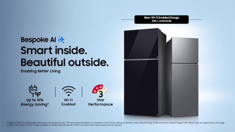 Samsung Bespoke AI Top Mount Freezer refrigerator range in black and silver finishes featuring Wi-Fi connectivity and 3-st...