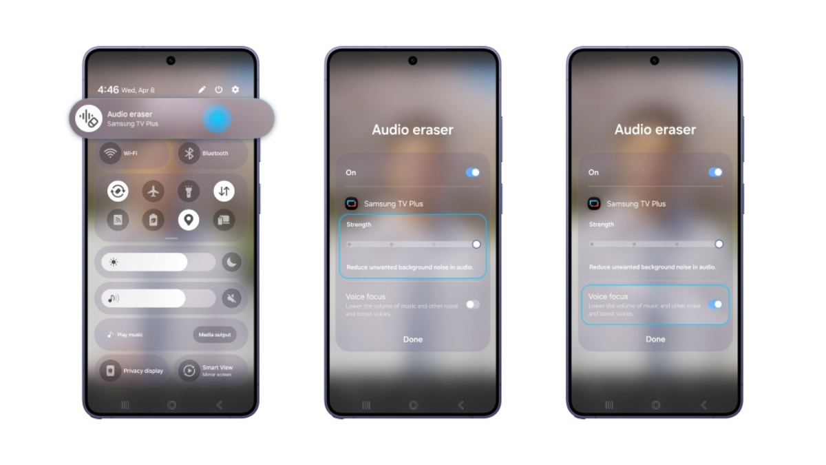 Three-panel UI screenshot of the Galaxy S26 showing Audio Eraser settings for Samsung TV Plus, including the noise reduction Strength slider and Voice Focus toggle.