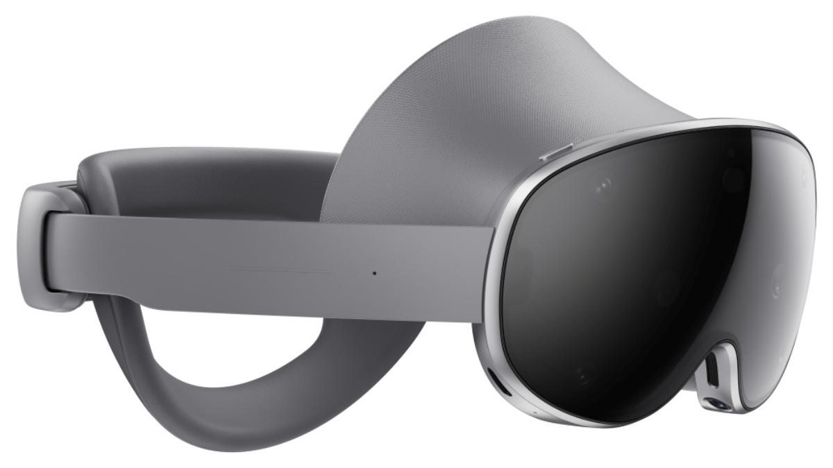 A high-resolution side view of the Samsung Galaxy XR headset against a white background, showing the front glass, sensor array, and ergonomic strap.