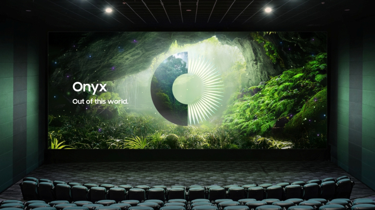 Samsung Onyx 14-meter Cinema LED screen displaying a lush green cave landscape in a premium theater auditorium at CinemaCo...