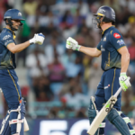Gujarat Titans' Shubman Gill and Jos Buttler fist-bumping during their match-winning 85-run partnership against Lucknow Su...
