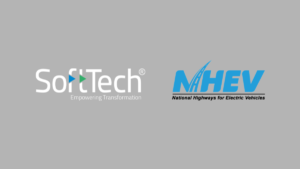 SoftTech and NHEV logos on a grey background representing India's new unified EV highway approval portal