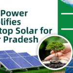 Solar panels beside hands holding a tree sprout growing from coins with text about rooftop solar in Uttar Pradesh.