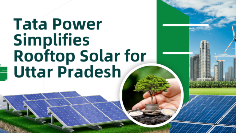 Solar panels beside hands holding a tree sprout growing from coins with text about rooftop solar in Uttar Pradesh.