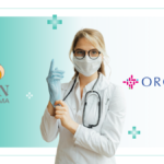 Doctor putting on gloves with Sun Pharma and Organon logos on a medical background for India pharmaceutical news.