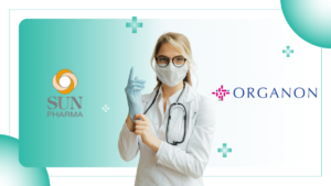 Doctor putting on gloves with Sun Pharma and Organon logos on a medical background for India pharmaceutical news.