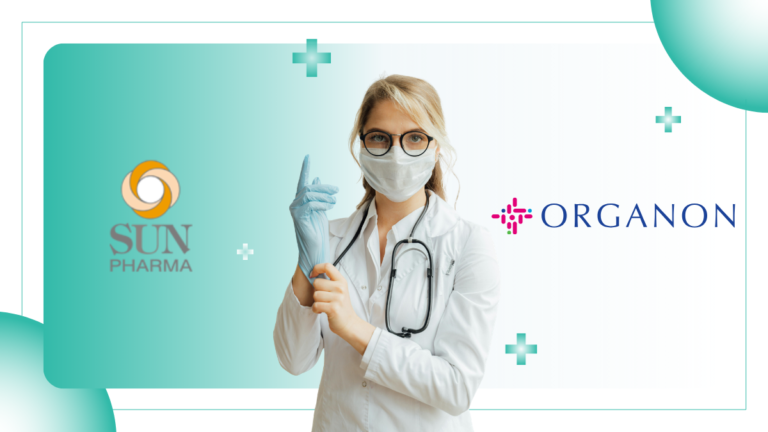 Doctor putting on gloves with Sun Pharma and Organon logos on a medical background for India pharmaceutical news.