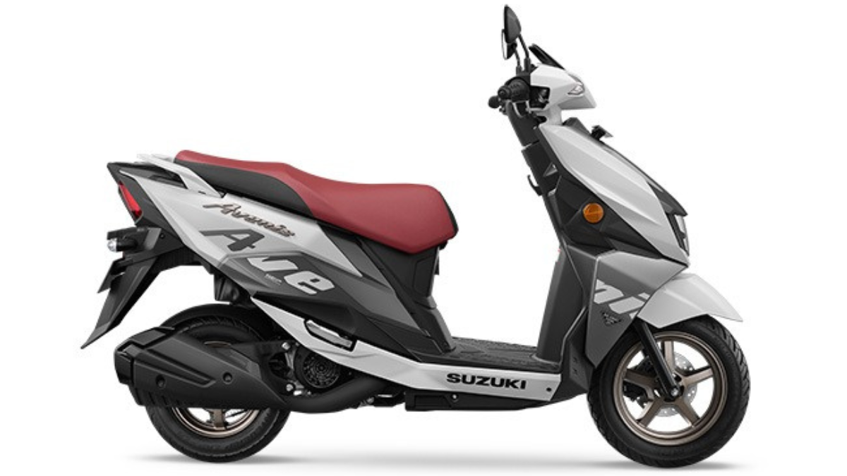 Side view of the Suzuki Avenis Special Edition in Pearl Glacier White and Metallic Oort Gray against a white background.