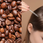 A dual-pane image showing roasted Arabica coffee beans on the left and a dropper applying clear serum to a human scalp on the right, representing the bio-sourced Re2 Coffea Arabica Peptide.