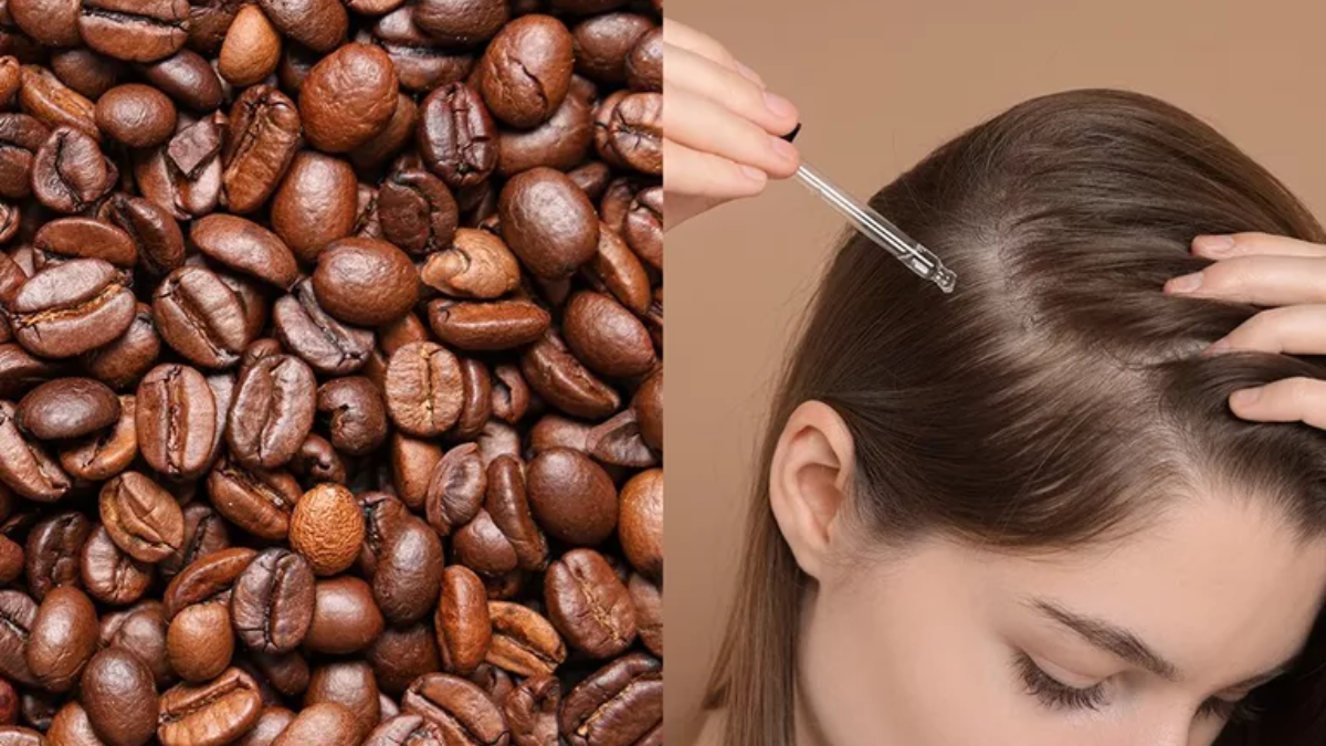 A dual-pane image showing roasted Arabica coffee beans on the left and a dropper applying clear serum to a human scalp on the right, representing the bio-sourced Re2 Coffea Arabica Peptide.