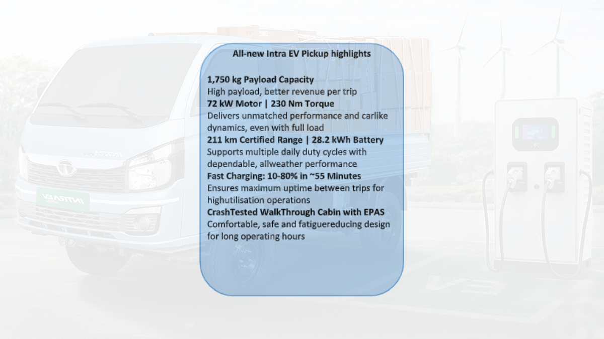 Tata Intra EV Pickup Launched: Is This the End of Diesel Last-Mile Delivery in India? 2 Infographic listing key highlights of the Tata Intra EV Pickup: 1,750 kg payload, 72 kW motor, 211 km range, and fast charging.