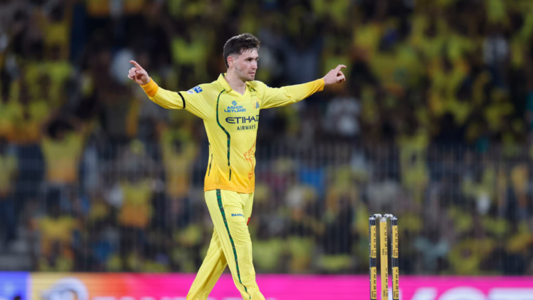 Chennai Super Kings bowler celebrates a wicket during the TATA IPL 2026 Match 22 against Kolkata Knight Riders at the MA C...