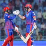 Delhi Capitals batsmen Sameer Rizvi and Tristan Stubbs high-fiving during their unbeaten 119-run partnership against Lucknow Super Giants in TATA IPL 2026 Match 5.