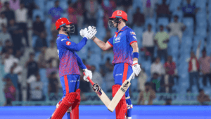 Delhi Capitals batsmen Sameer Rizvi and Tristan Stubbs high-fiving during their unbeaten 119-run partnership against Luckn...