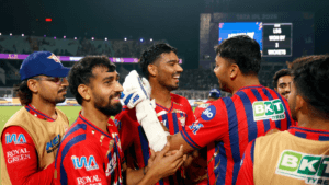 Lucknow Super Giants players, including Mukul Choudhary, celebrate their dramatic 3-wicket victory against Kolkata Knight ...