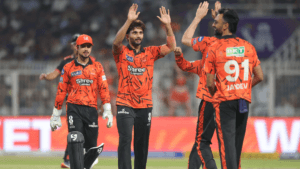 Sunrisers Hyderabad players Nitish Kumar Reddy and Jaydev Unadkat celebrating a crucial wicket during the KKR vs SRH Match...
