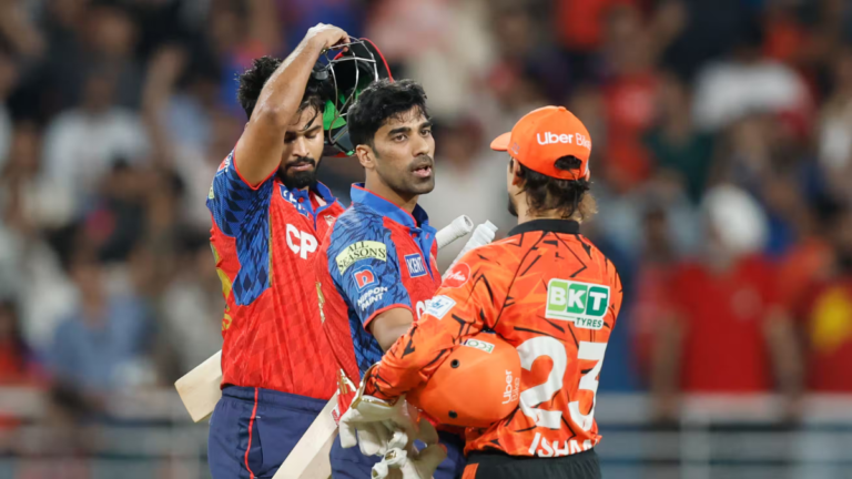 Punjab Kings captain Shreyas Iyer and Shashank Singh in conversation with Sunrisers Hyderabad wicketkeeper Ishan Kishan du...