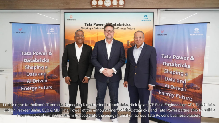 Kamalkanth Tummala of Databricks, Nick Eayrs of Databricks, and Dr. Praveer Sinha of Tata Power standing in front of a ban...