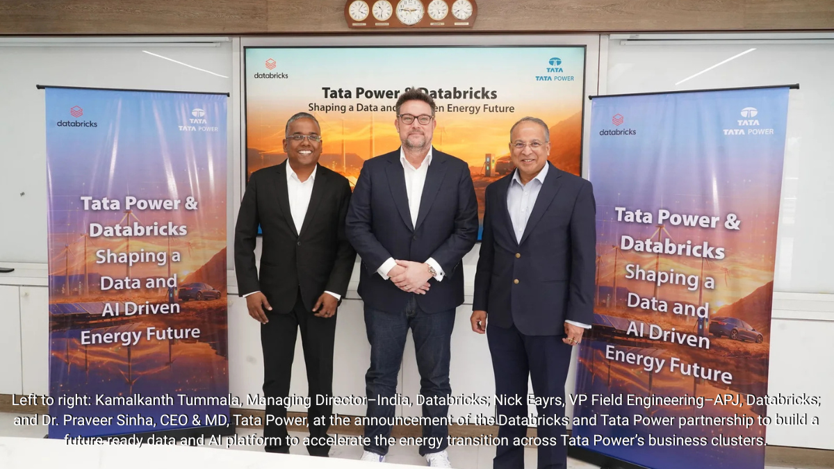 Kamalkanth Tummala of Databricks, Nick Eayrs of Databricks, and Dr. Praveer Sinha of Tata Power standing in front of a ban...