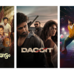 Movie posters for Dacoit starring Adivi Sesh, Love Insurance Kompany (LIK) starring Pradeep Ranganathan, and Bharathanatyam 2 Mohiniyattam releasing in India on April 10, 2026.