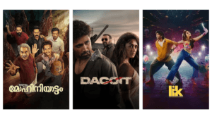 Movie posters for Dacoit starring Adivi Sesh, Love Insurance Kompany (LIK) starring Pradeep Ranganathan, and Bharathanatya...
