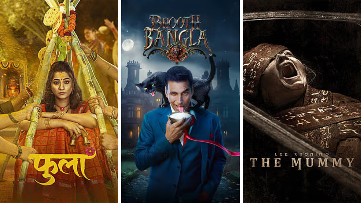 Collage of three movie posters for April 2026: Phula, a Marathi folk-rooted social drama; Bhooth Bangla, a Bollywood horro...