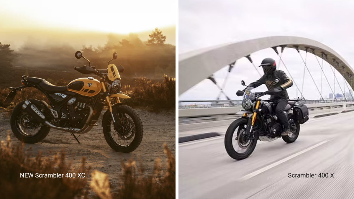 Triumph India’s Massive 2026 Refresh: 5 New 350cc Titans Launched to Dominate the Streets and Trails from ₹1.95 Lakh 2 The New Scrambler 400 XC in Racing Yellow with side-laced spoked wheels and the updated Scrambler 400 X in Phantom Black crossing a bridge.