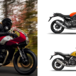 Triumph Thruxton 400 café racer in red and silver action shot alongside the New Speed T4 in Baja Orange and Speed 400 MY25 in Racing Yellow.