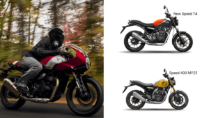 Triumph Thruxton 400 café racer in red and silver action shot alongside the New Speed T4 in Baja Orange and Speed 400 MY25...