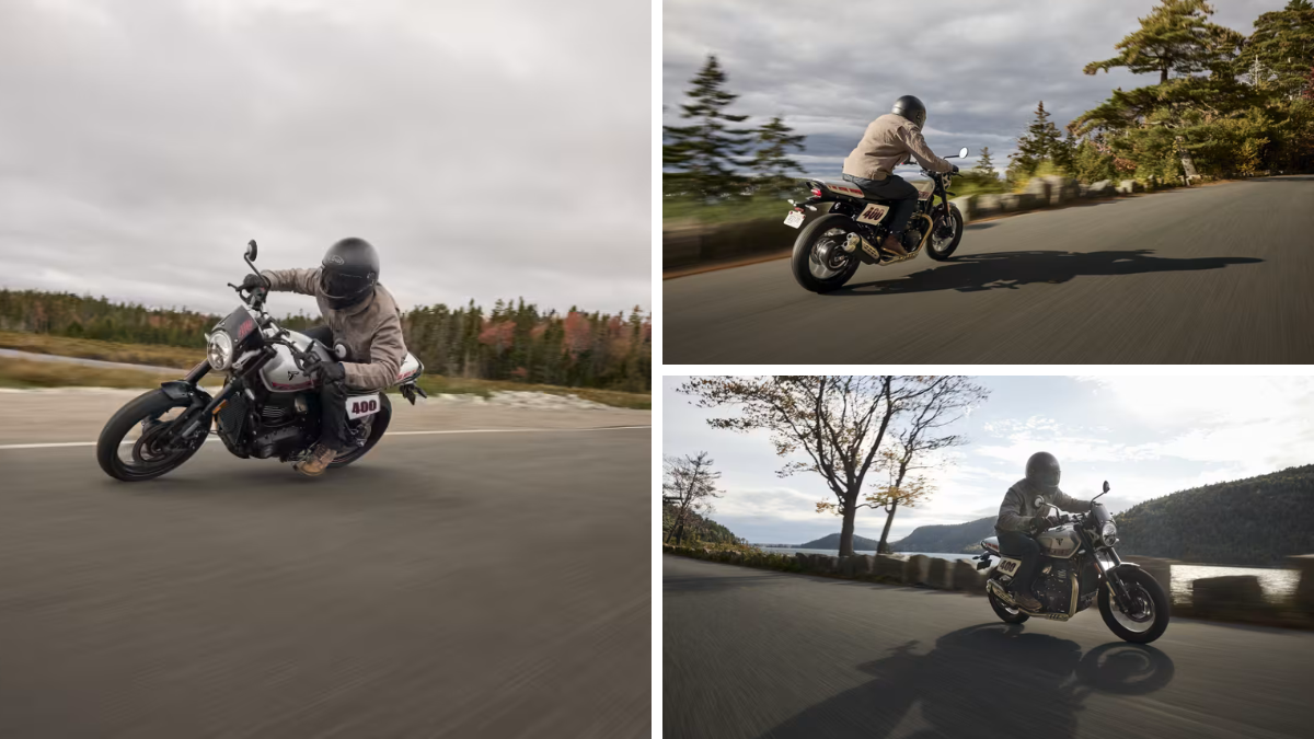 Collage showing the Triumph Tracker 400 in action, featuring high-speed cornering and scenic road cruising with an elbows-out riding position.