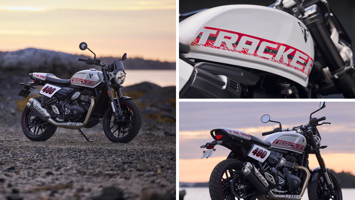 Detailed views of the Triumph Tracker 400 fuel tank graphics, dual-tip exhaust system, and racing-inspired 400 number plate side panels.