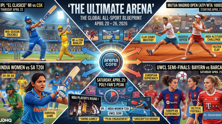 Comprehensive 2026 sports blueprint calendar featuring IPL, Tennis, UWCL, T20I, NBA, and MotoGP for late April.