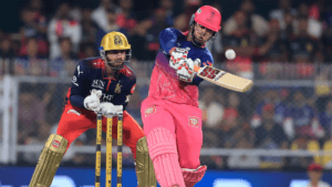 15-year-old Vaibhav Sooryavanshi of Rajasthan Royals hitting a powerful boundary against Royal Challengers Bengaluru durin...