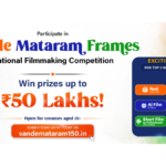 Young man editing on a laptop with a DSLR camera and a prize table for the VM Frames Indian filmmaking contest.