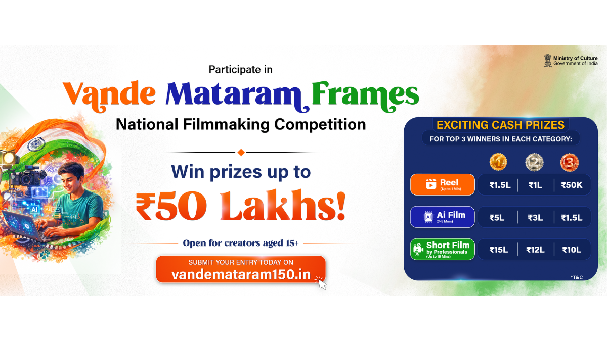 Young man editing on a laptop with a DSLR camera and a prize table for the VM Frames Indian filmmaking contest.