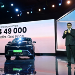 VinFast India CEO Tapan Ghosh announcing the ex-showroom price of ₹24,49,000 for the all-new VF MPV 7 electric seven-seate...